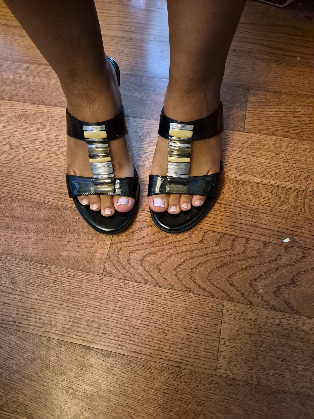 Black Women's  Leather Upper Slide Sandals with Metallic Accent Good Condition
